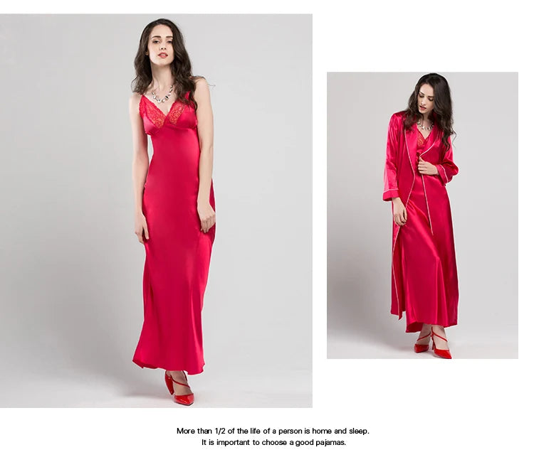 Lace Sexy Sling Sleeping Dress Satin Silk Sleepwear Women Faux Silk Long Bathrobes Female Sleeveless V-Neck Nightgowns C1618 luvshop24