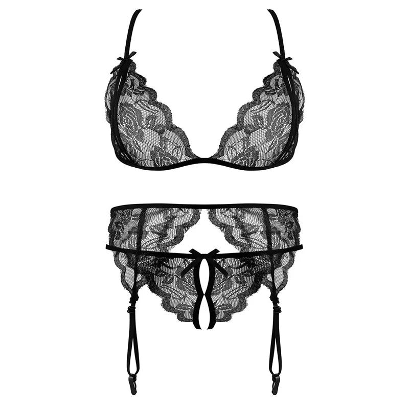Lace Women Lingerie Set 4 Pcs Sling Open Bra Sexy Wiht Garter Panties Push Up Bra Set Erotic Transparent Underwear Net Stockings luvshop24