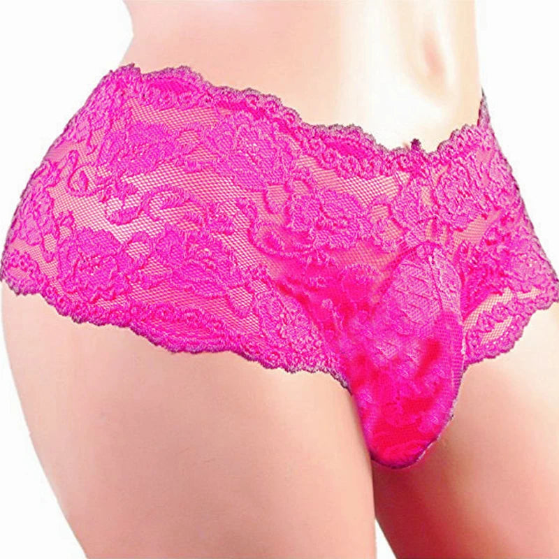 Erotic Solid Color Underwear Mid-Waist Briefs Sexy Men'S Lace Panties Male Transparent Breathable Soft Comfortable Underpants luvshop24
