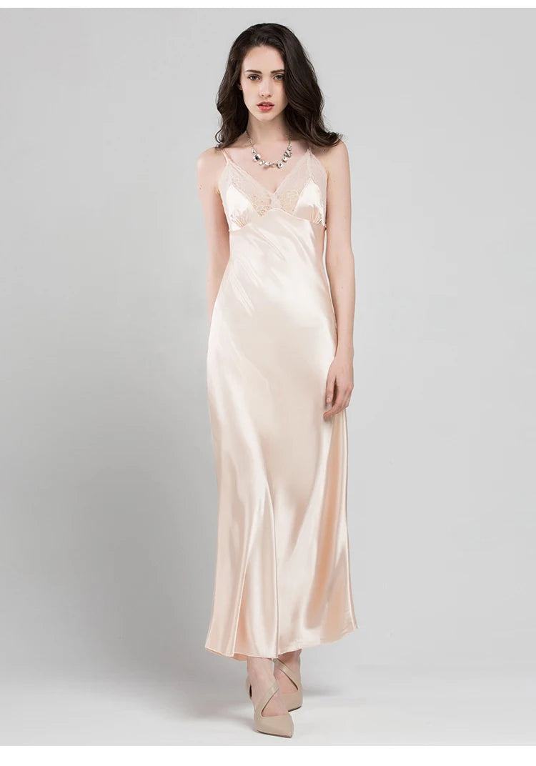 Lace Sexy Sling Sleeping Dress Satin Silk Sleepwear Women Faux Silk Long Bathrobes Female Sleeveless V-Neck Nightgowns C1618 luvshop24