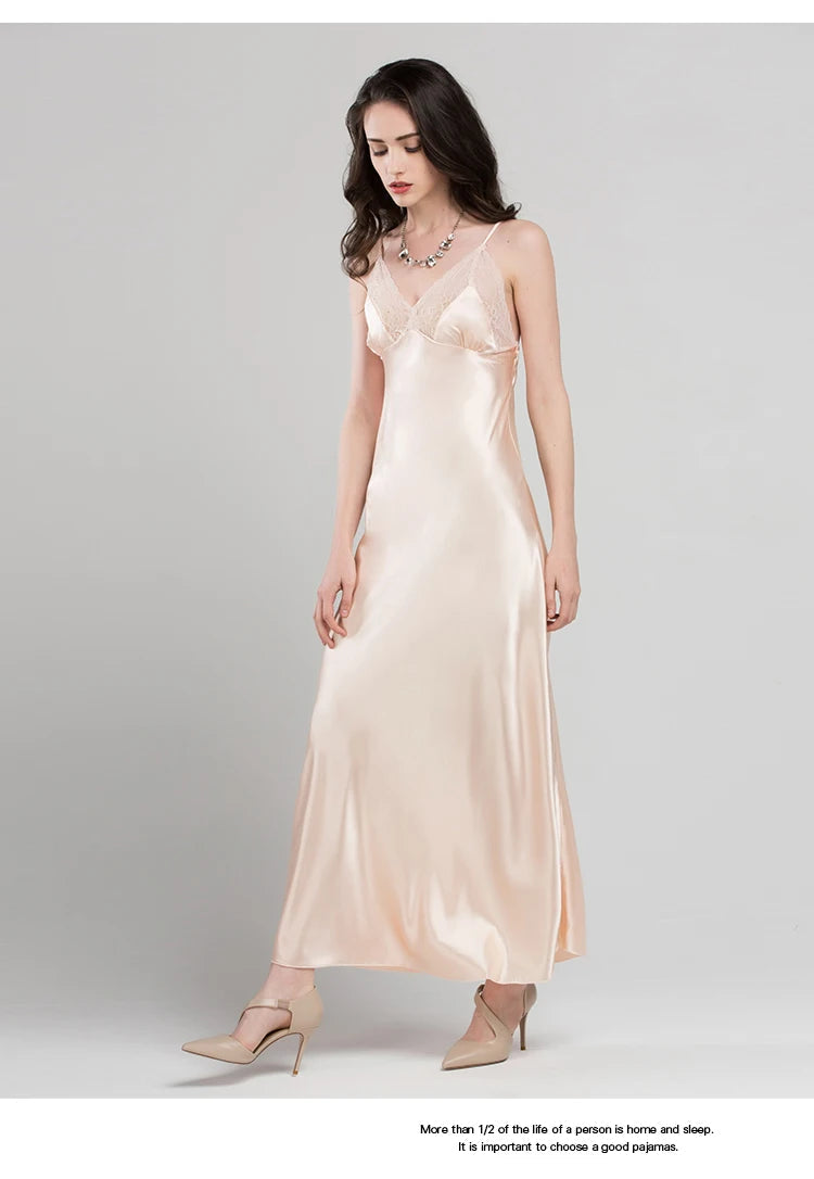Lace Sexy Sling Sleeping Dress Satin Silk Sleepwear Women Faux Silk Long Bathrobes Female Sleeveless V-Neck Nightgowns C1618 luvshop24