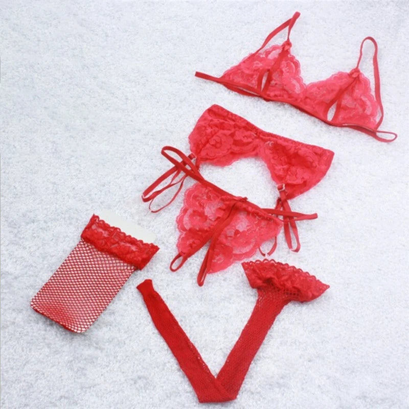Lace Women Lingerie Set 4 Pcs Sling Open Bra Sexy Wiht Garter Panties Push Up Bra Set Erotic Transparent Underwear Net Stockings luvshop24