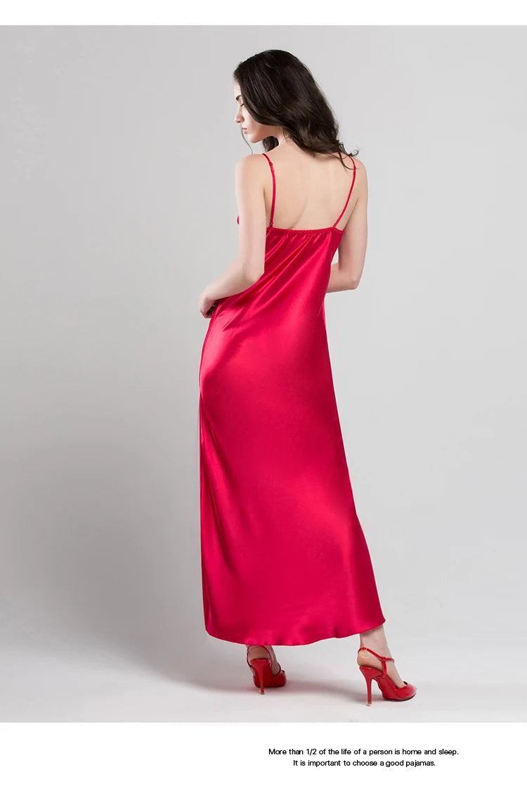 Lace Sexy Sling Sleeping Dress Satin Silk Sleepwear Women Faux Silk Long Bathrobes Female Sleeveless V-Neck Nightgowns C1618 luvshop24