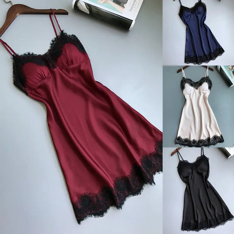Womens Lace Pajamas Sexy Ice Silk Lotus Leaf Pendulum Sleepwear V-Neck Cami Nightdress Home Nightwear Exotic Lingerie Costumes luvshop24