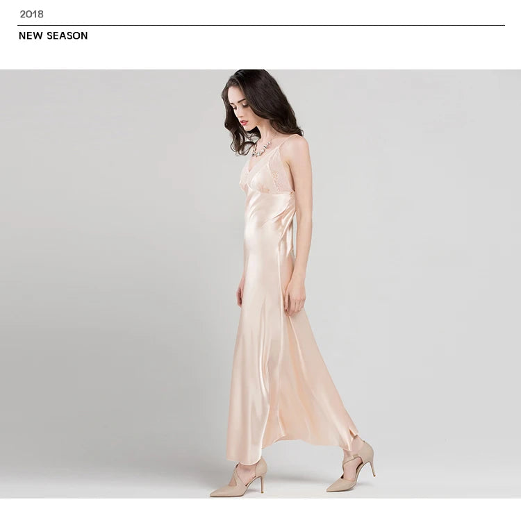 Lace Sexy Sling Sleeping Dress Satin Silk Sleepwear Women Faux Silk Long Bathrobes Female Sleeveless V-Neck Nightgowns C1618 luvshop24