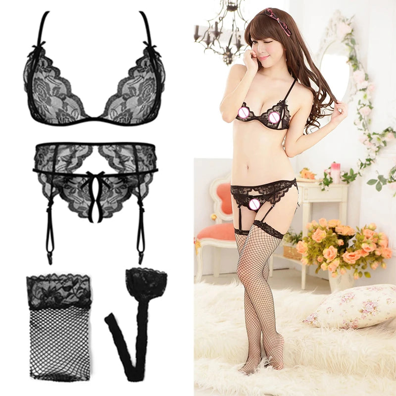 Lace Women Lingerie Set 4 Pcs Sling Open Bra Sexy Wiht Garter Panties Push Up Bra Set Erotic Transparent Underwear Net Stockings luvshop24