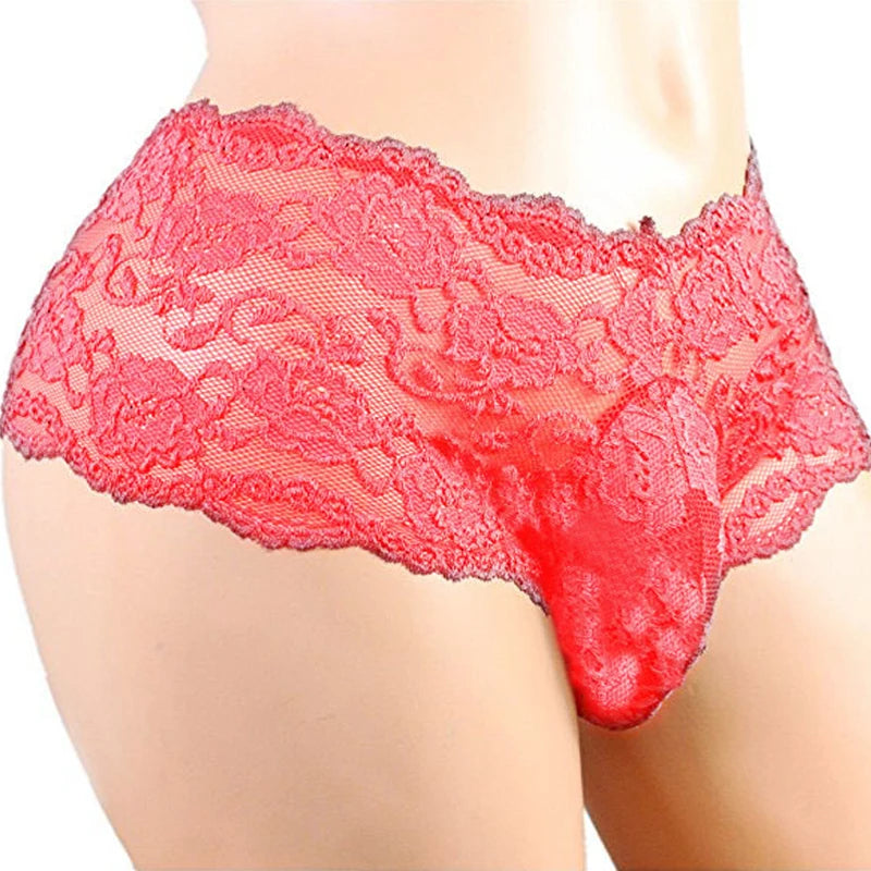 Erotic Solid Color Underwear Mid-Waist Briefs Sexy Men'S Lace Panties Male Transparent Breathable Soft Comfortable Underpants luvshop24