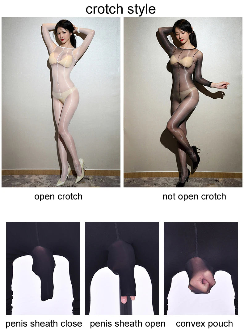 Unisex Oil Glossy Hot Sexy Tights Nylon Bodystocking Dance Clubwear Open Crotch Bodysuit Penis Sheath Men Body Stocking Lingerie luvshop24