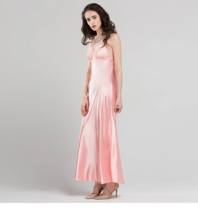 Lace Sexy Sling Sleeping Dress Satin Silk Sleepwear Women Faux Silk Long Bathrobes Female Sleeveless V-Neck Nightgowns C1618 luvshop24