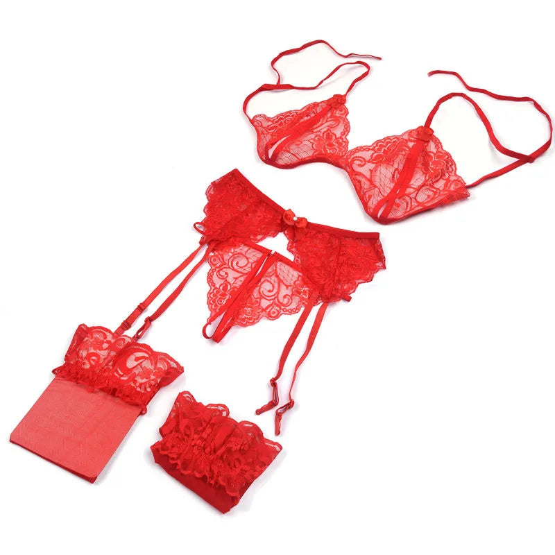 Lace Women Lingerie Set 4 Pcs Sling Open Bra Sexy Wiht Garter Panties Push Up Bra Set Erotic Transparent Underwear Net Stockings luvshop24