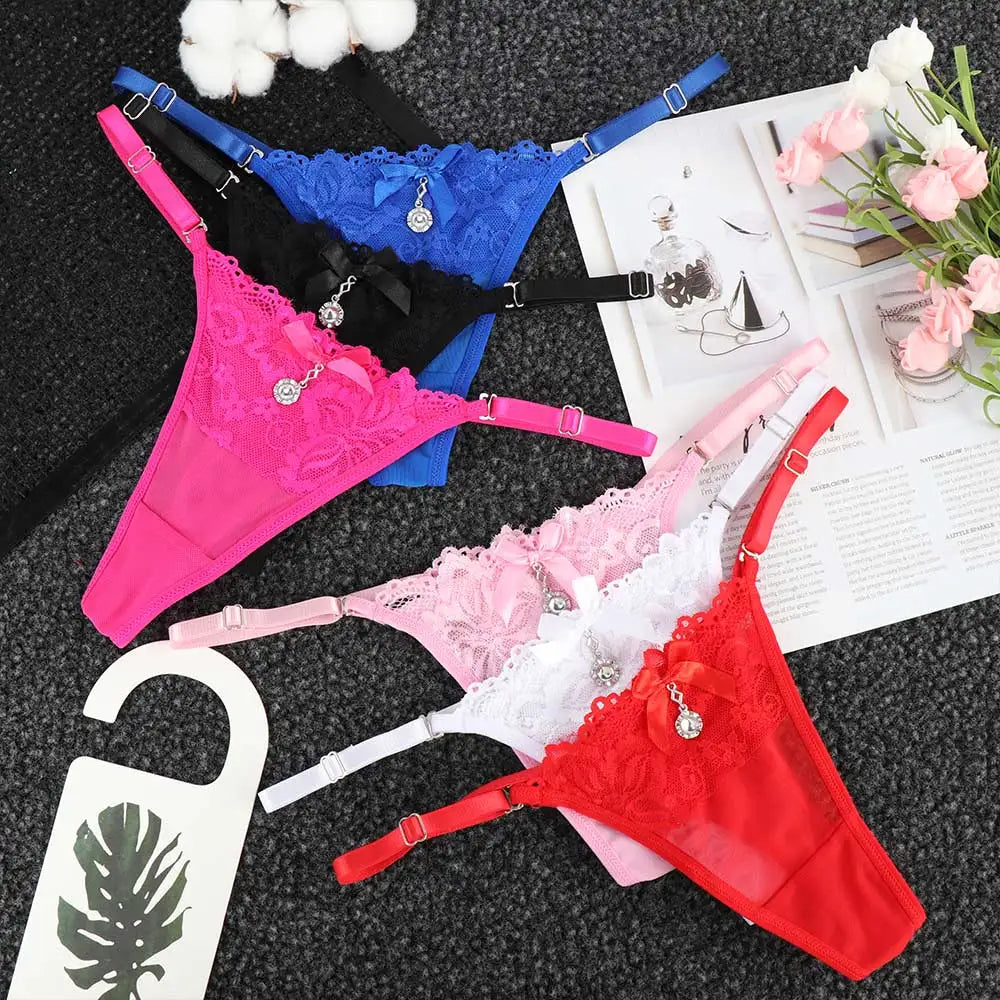 Women Lace Panties Thongs Pearl Pendant Lace Embroidery G-String T-Back Briefs Underwear Adjustable Ladies Panties Sexy Lingerie luvshop24