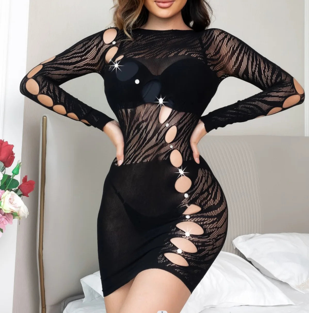Sexy Sparker Rhinestone Nylon Dresses Girl Fishnet Body Stocking Women Long Sleeve Crystal Hollow Out Bodystockings Lingerie luvshop24
