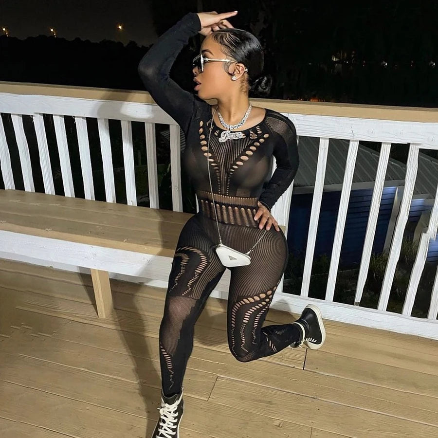 Fall 2023 Designer Outfits Long Sleeve See Through Bodycon Jumpsuit Sexy Jumpsuits Ladies Jumpsuits Body Stocking luvshop24