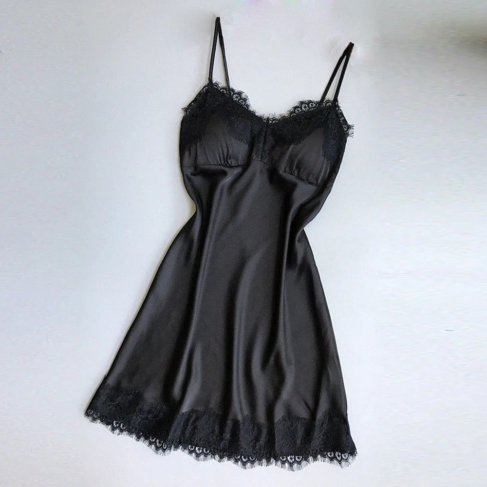 Womens Lace Pajamas Sexy Ice Silk Lotus Leaf Pendulum Sleepwear V-Neck Cami Nightdress Home Nightwear Exotic Lingerie Costumes luvshop24