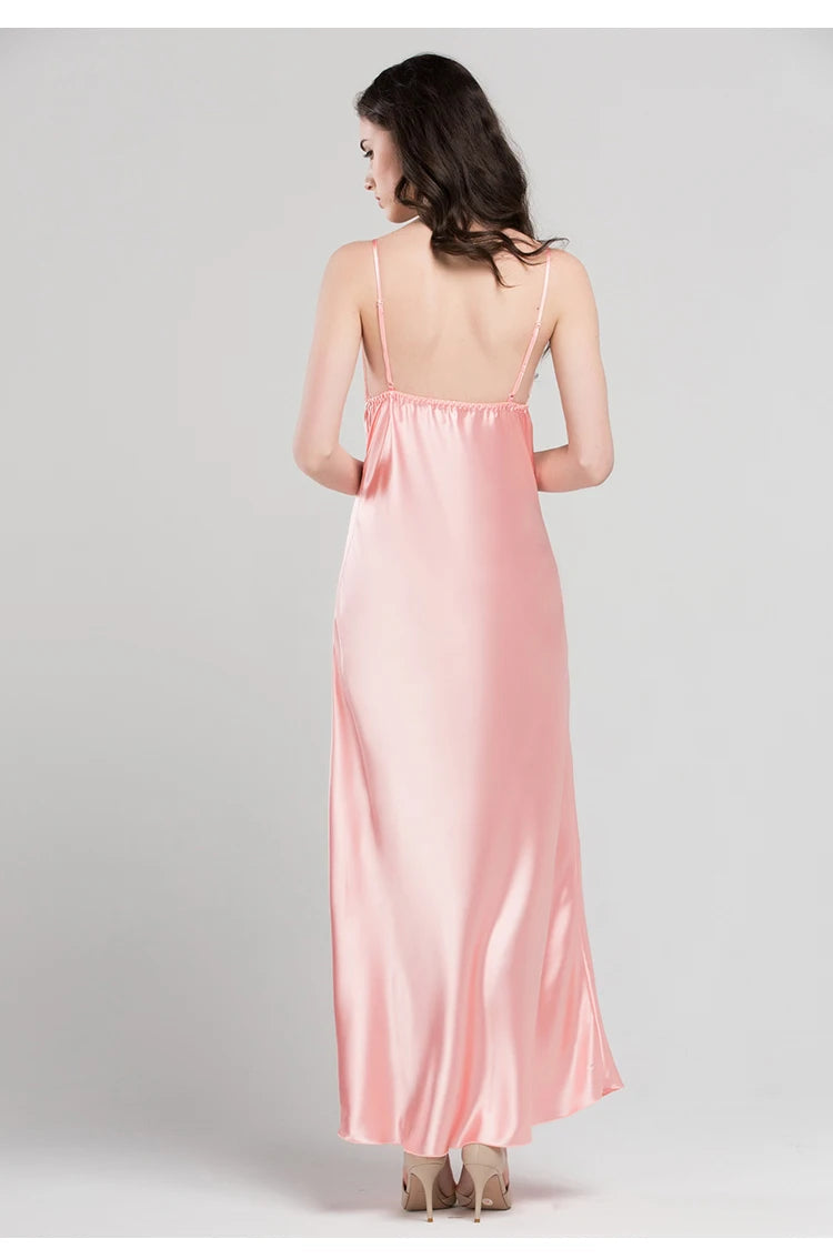 Lace Sexy Sling Sleeping Dress Satin Silk Sleepwear Women Faux Silk Long Bathrobes Female Sleeveless V-Neck Nightgowns C1618 luvshop24