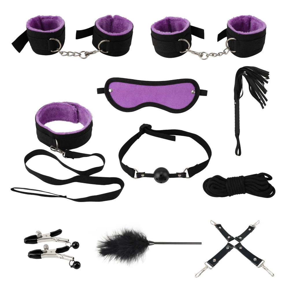 10 Pcs/set Products Erotic Adults Games Bdsm Bondage Set Handcuffs Nipple Clamps Gag Whip Rope Toys for Couples luvshop24