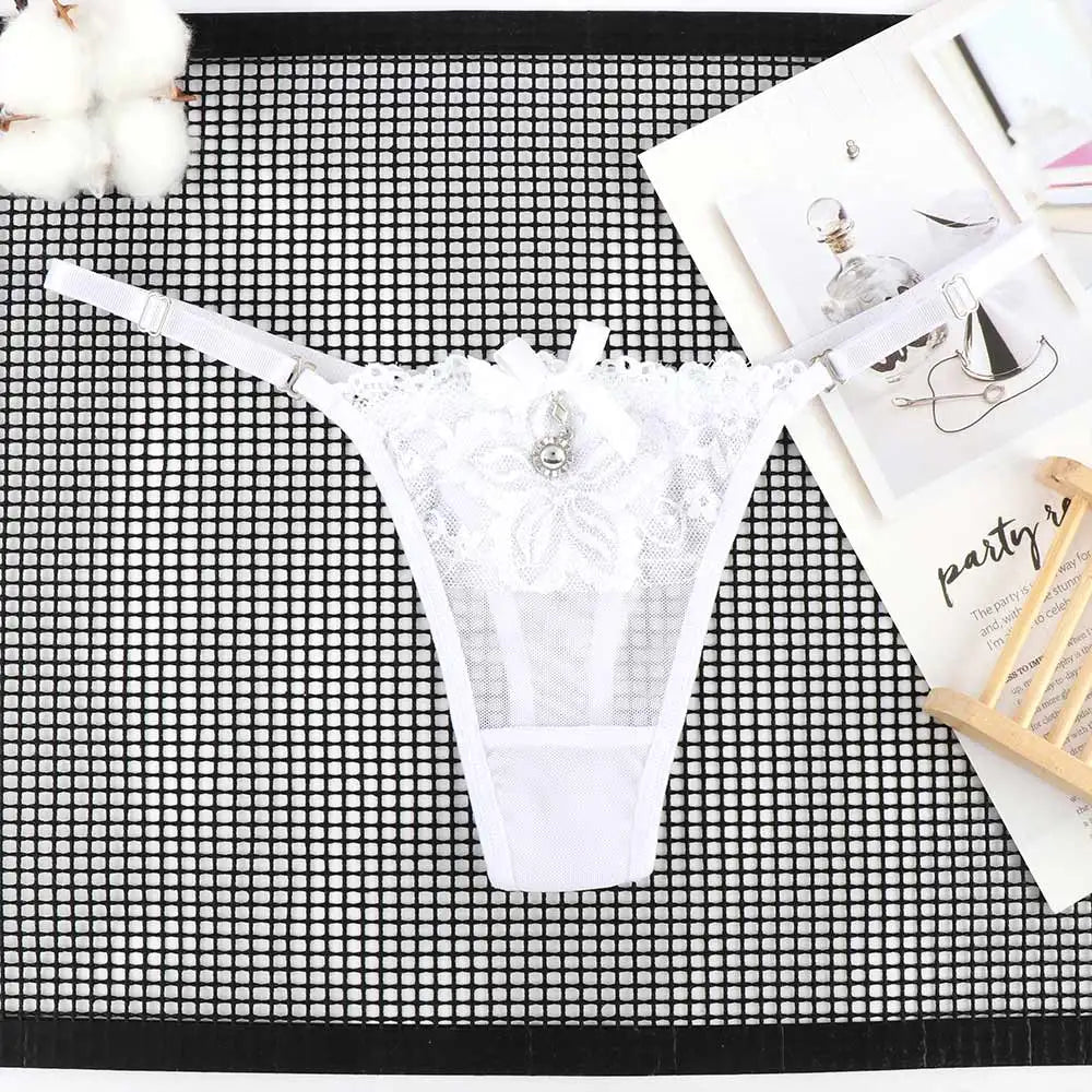 Women Lace Panties Thongs Pearl Pendant Lace Embroidery G-String T-Back Briefs Underwear Adjustable Ladies Panties Sexy Lingerie luvshop24