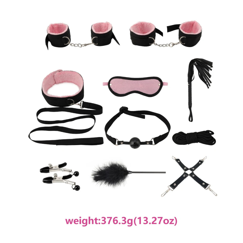 10 Pcs/set Products Erotic Adults Games Bdsm Bondage Set Handcuffs Nipple Clamps Gag Whip Rope Toys for Couples luvshop24