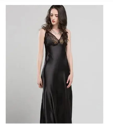 Lace Sexy Sling Sleeping Dress Satin Silk Sleepwear Women Faux Silk Long Bathrobes Female Sleeveless V-Neck Nightgowns C1618 luvshop24