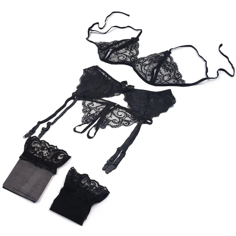 Lace Women Lingerie Set 4 Pcs Sling Open Bra Sexy Wiht Garter Panties Push Up Bra Set Erotic Transparent Underwear Net Stockings luvshop24