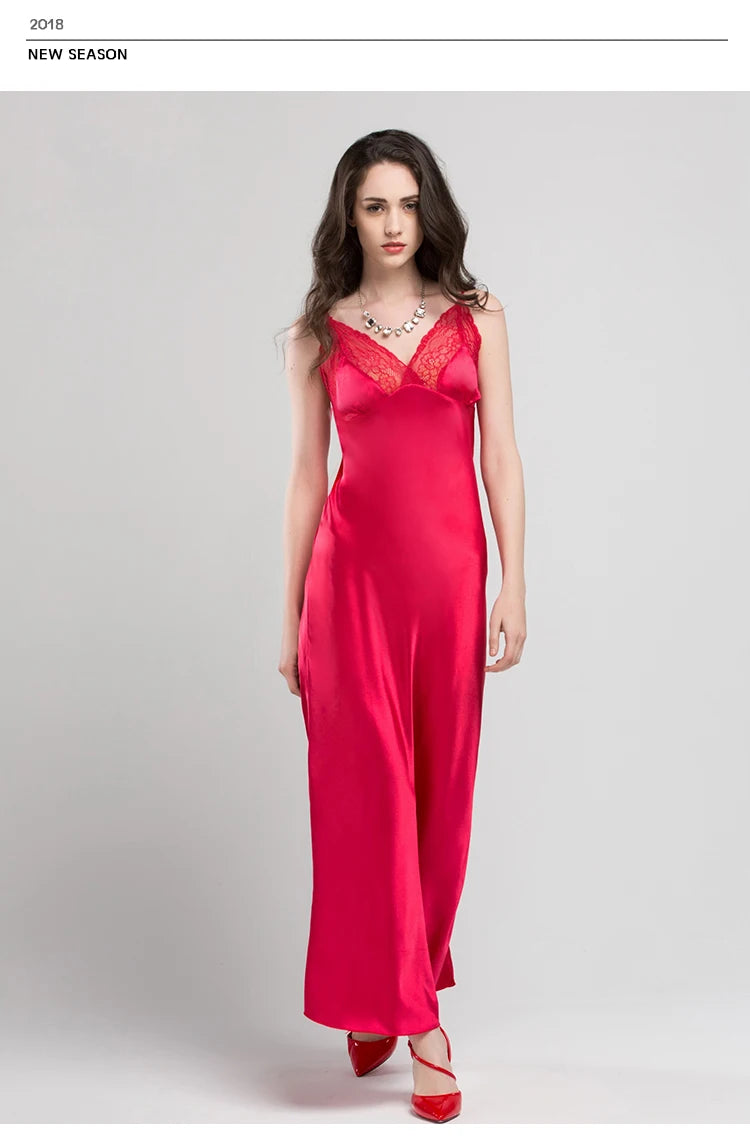 Lace Sexy Sling Sleeping Dress Satin Silk Sleepwear Women Faux Silk Long Bathrobes Female Sleeveless V-Neck Nightgowns C1618 luvshop24