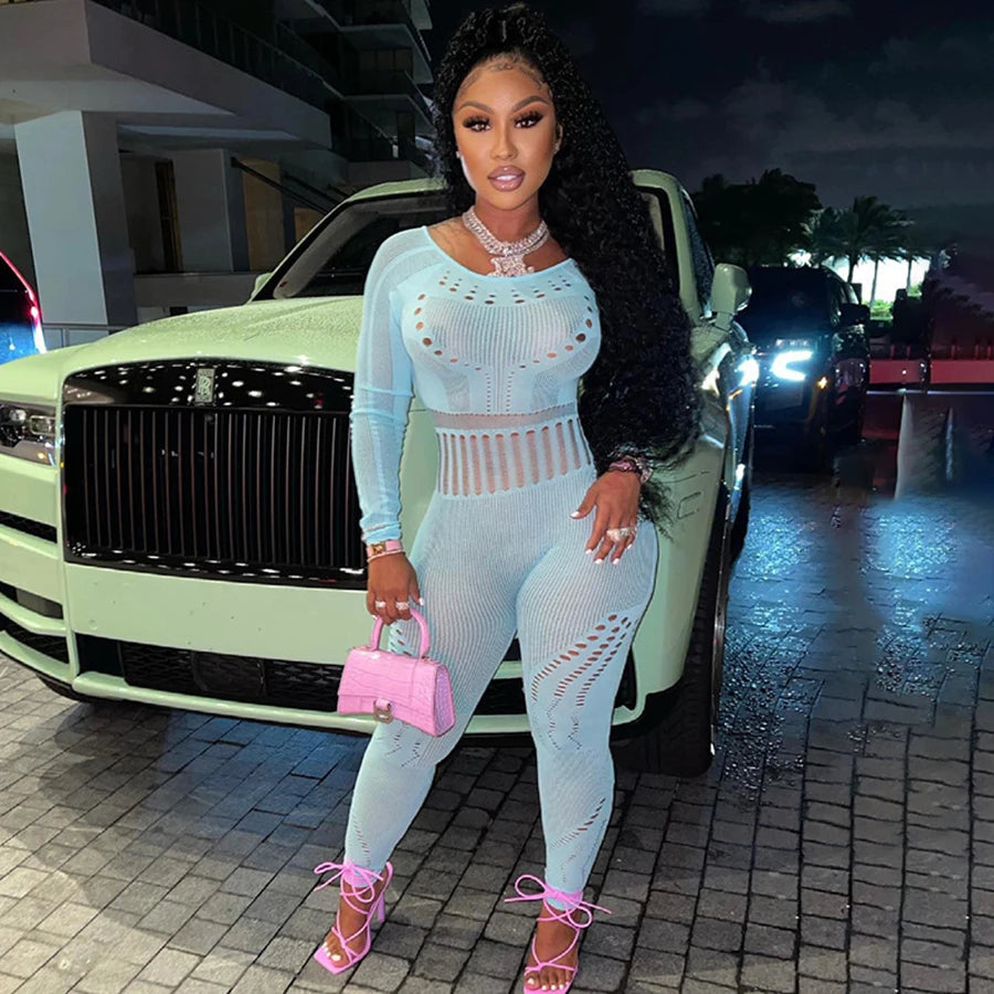 Fall 2023 Designer Outfits Long Sleeve See Through Bodycon Jumpsuit Sexy Jumpsuits Ladies Jumpsuits Body Stocking luvshop24