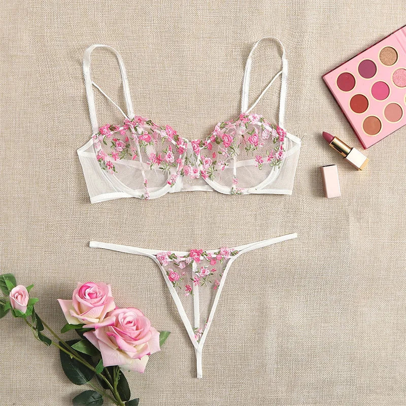 2023 New Adult Women Sexy Lingerie Mature Lady Lace See Through Lingerie 2 Pc Hot Balconette Bra Underwear and Panties Set luvshop24