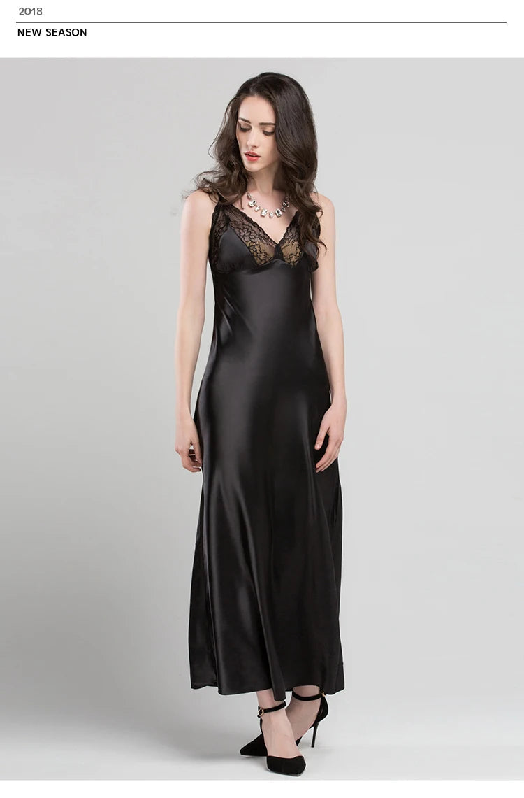 Lace Sexy Sling Sleeping Dress Satin Silk Sleepwear Women Faux Silk Long Bathrobes Female Sleeveless V-Neck Nightgowns C1618 luvshop24