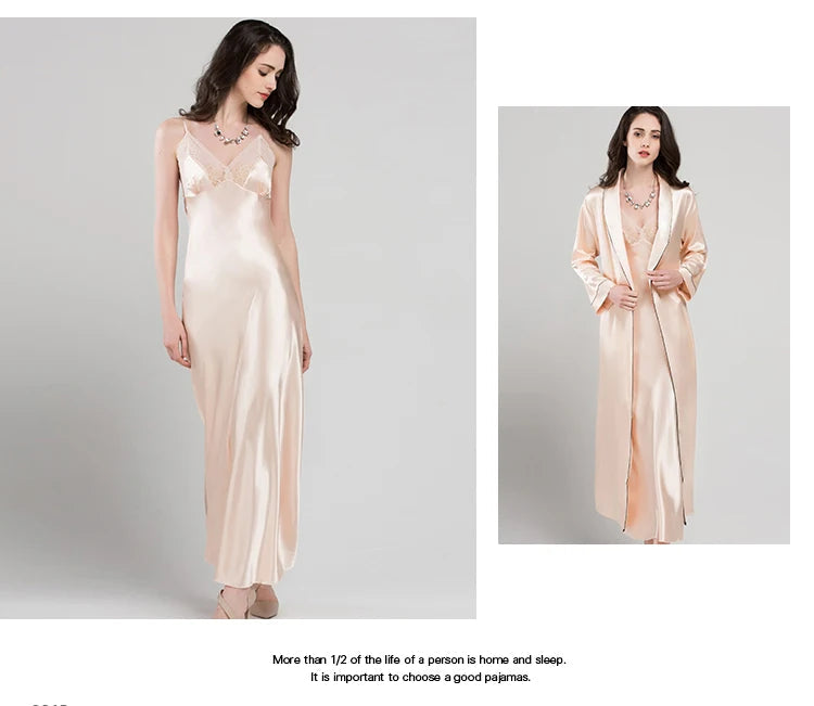 Lace Sexy Sling Sleeping Dress Satin Silk Sleepwear Women Faux Silk Long Bathrobes Female Sleeveless V-Neck Nightgowns C1618 luvshop24