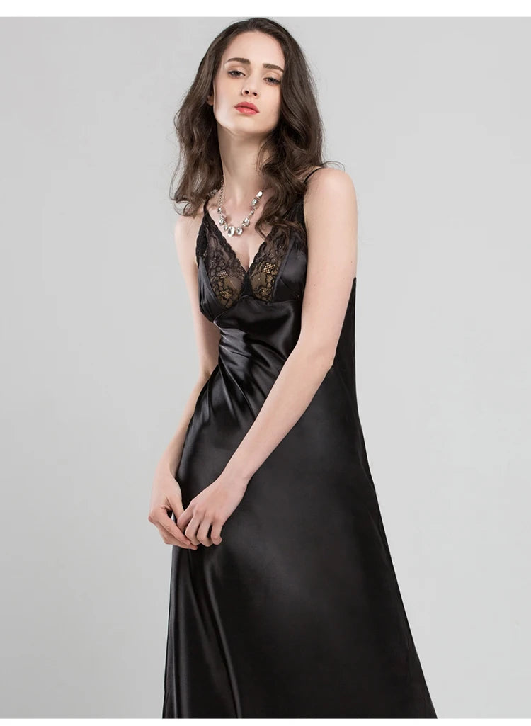 Lace Sexy Sling Sleeping Dress Satin Silk Sleepwear Women Faux Silk Long Bathrobes Female Sleeveless V-Neck Nightgowns C1618 luvshop24