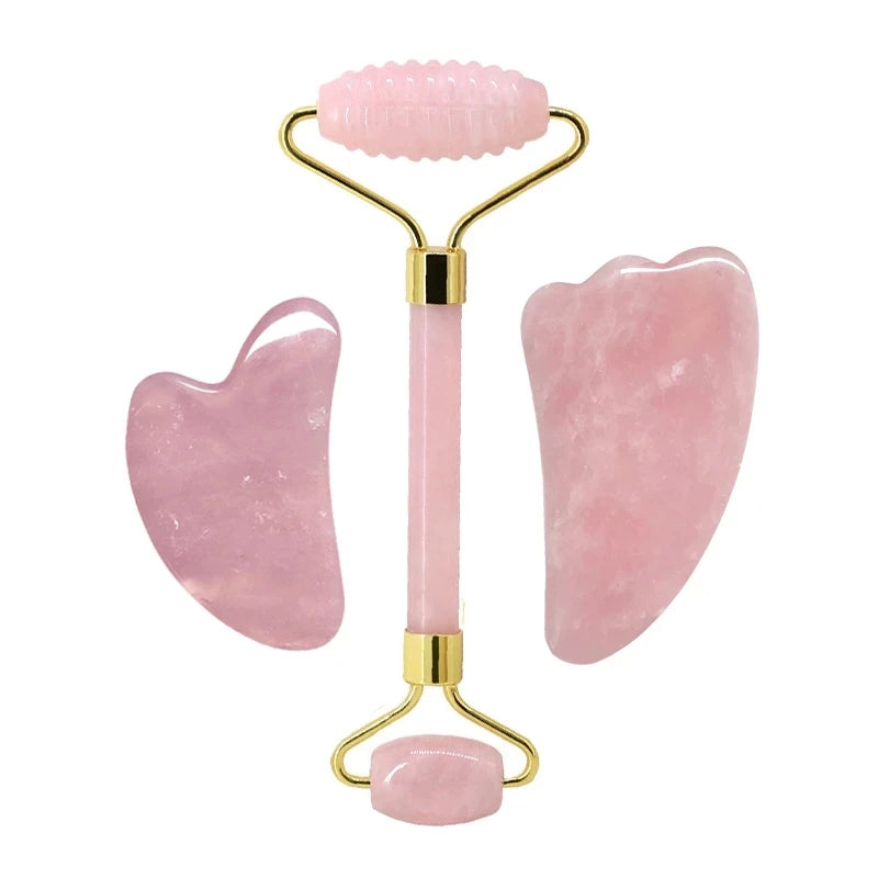 Rose Quartz Face Jade Roller Massagers Guasha Set Gua Sha Tools Natural Stone Gouache Scraper For Facial Massage Beauty Tool luvshop24