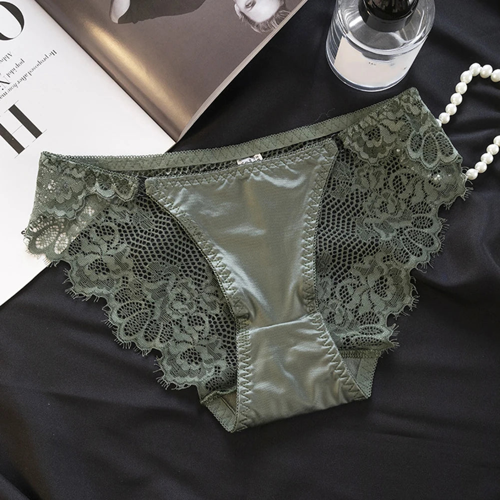 1pc Women's Sexy Lace Panties Satin Seamless Underwear Lace Mesh Sheer Low Waist Triangle Underwear Ladies Thin Breathable Brief luvshop24