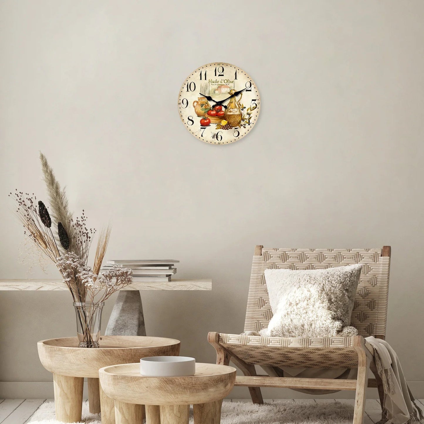 Retro Provence Olive Oil and Tomato Pattern Wooden Wall Clock Living Room Bedroom Kitchen Home Decoration Wall Clock Silent Quartz Clock Holiday Gift 10 Inches 12 Inches 14 Inches 16inch (Without Batteries) luvshop24