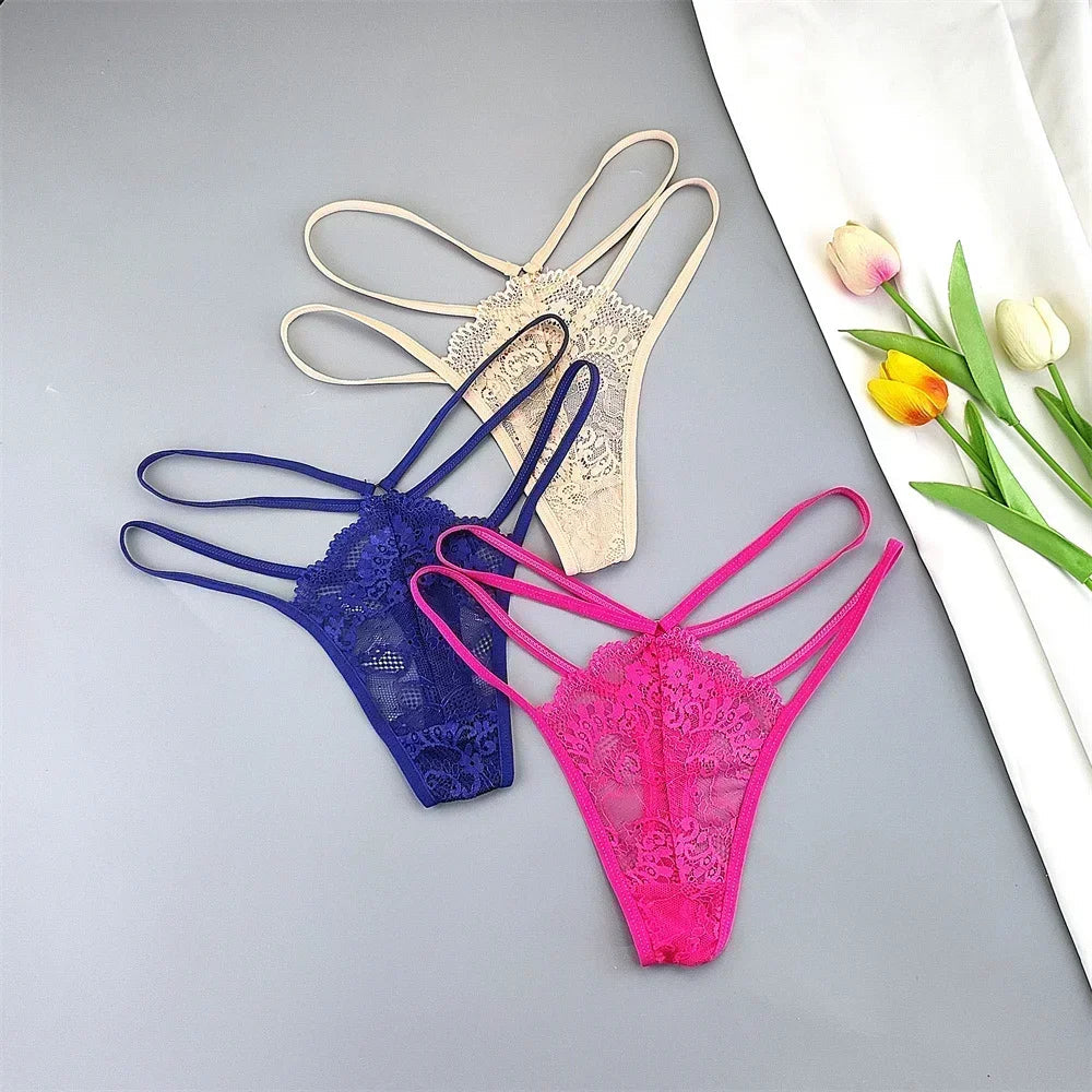 3 Pcs Lace Thin Strap Thong Women Low Waist Sexy Perspective Underwear Ladies Transparent G-string Panty Plus Size T-back luvshop24