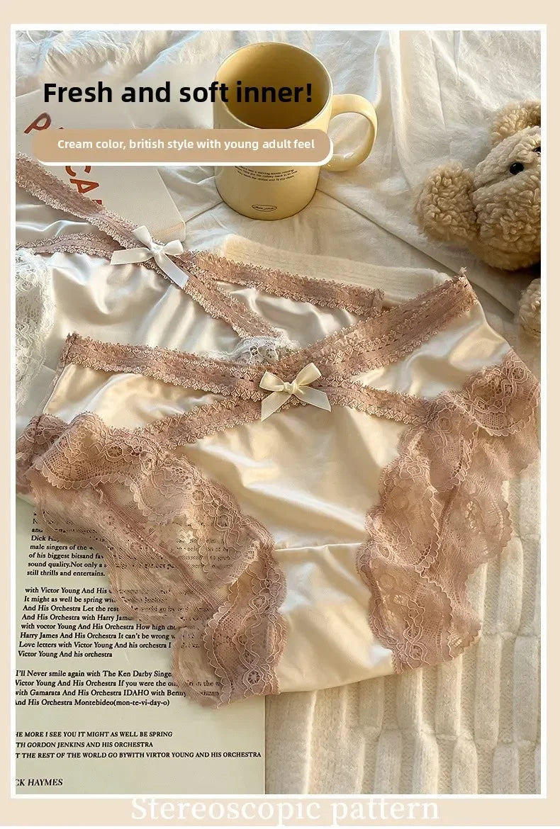 French Lace Underwear Pure Cotton Crotch Satin Sexy Triangle Panties Women's Innerwear Comfortable Breathable Ladies Briefs luvshop24