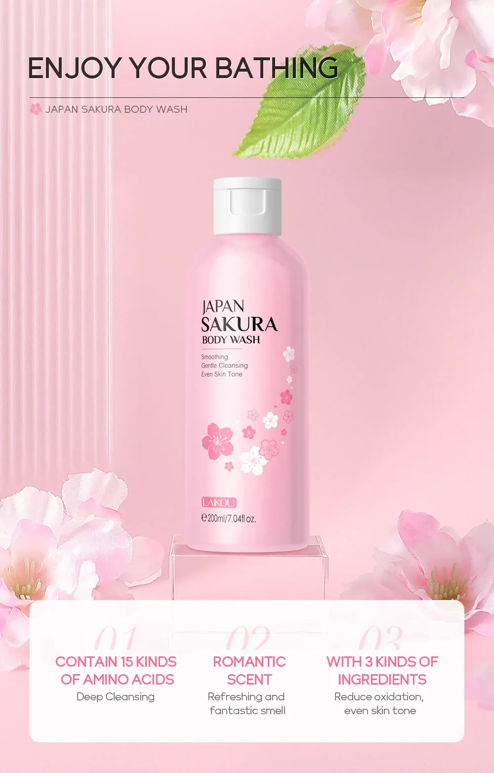 LAIKOU Sakura Shower Gel Long Moisturizing Smooth Long Lasting Fragrance Gentle Foam Body Cleansing Bath Product 200ml luvshop24