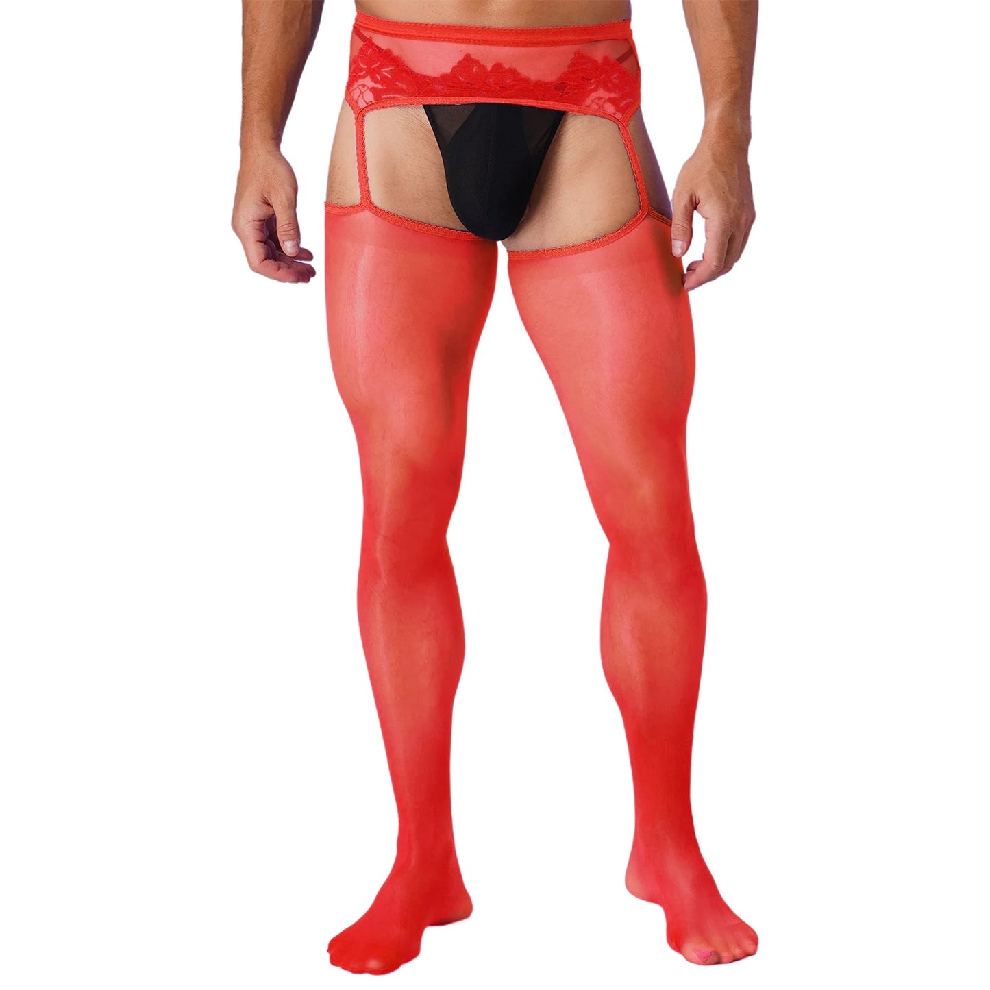 Mens Sexy Cutout Crotchless Pantyhose Floral Lace Exotic Socks Leggings One-Piece Garter Stockings Gay Male Sissy Underwear luvshop24