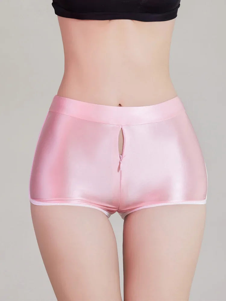 Women's Comfortable Beachwear Fitness Shorts Zipper Open Crotch Elasitc Yoga Panties Oil Shiny Smooth Tight Sexy Boxers luvshop24