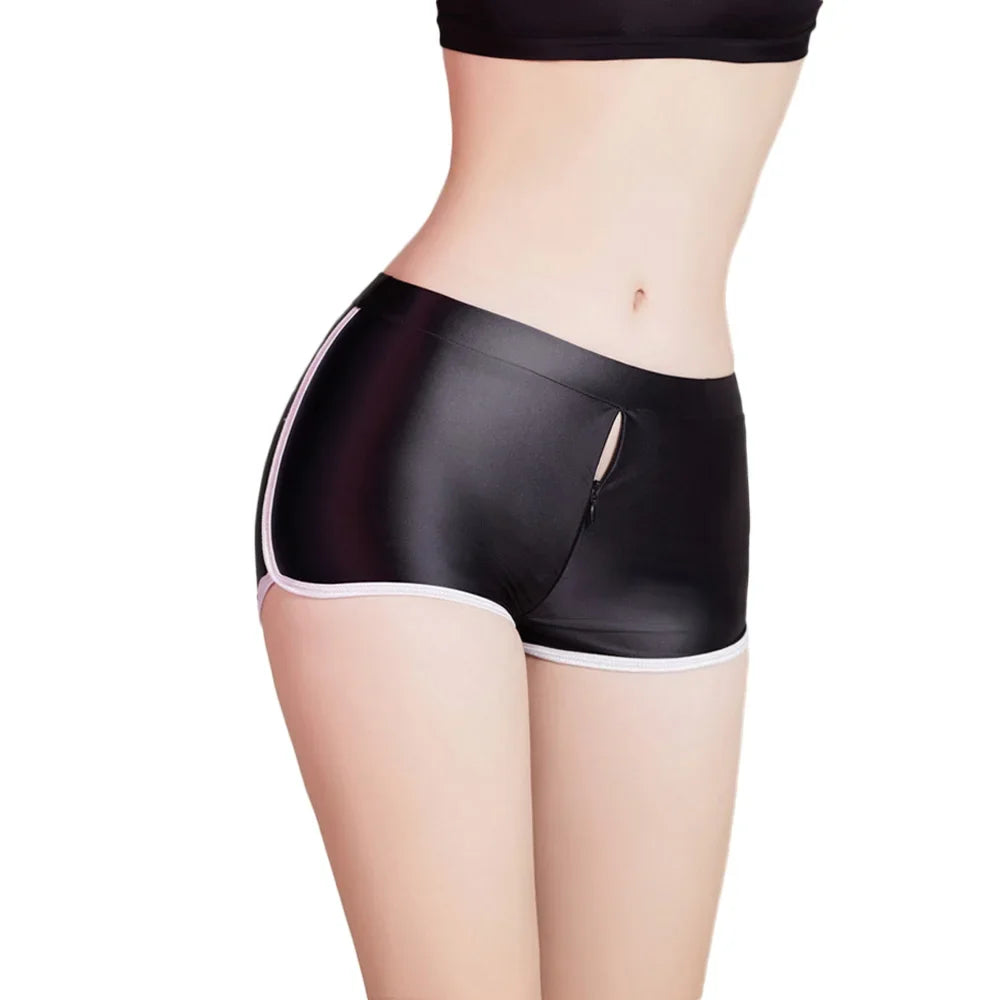 Women's Comfortable Beachwear Fitness Shorts Zipper Open Crotch Elasitc Yoga Panties Oil Shiny Smooth Tight Sexy Boxers luvshop24