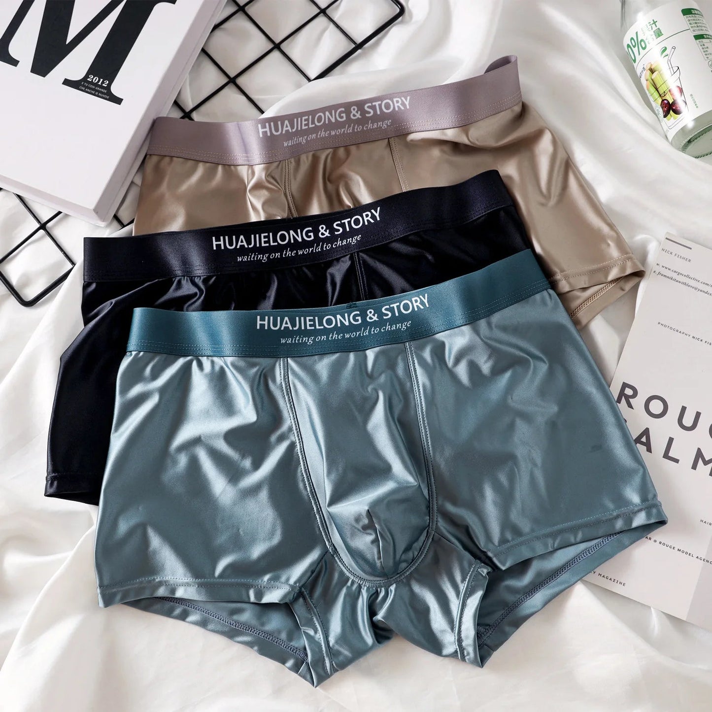 1/3Pcs Breathable Thin Satin Silk Boxer Briefs Seamless Mid Waist Ice Silk Boxers Underpants Smooth Underwear for Men Daily luvshop24