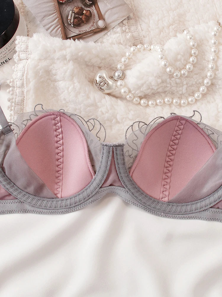 Lace Neck Lingerie Women's Feeling Without Steel Ring Bra Set Female Deep v Thin Section Underwear Knot Wave Mesh Bras luvshop24