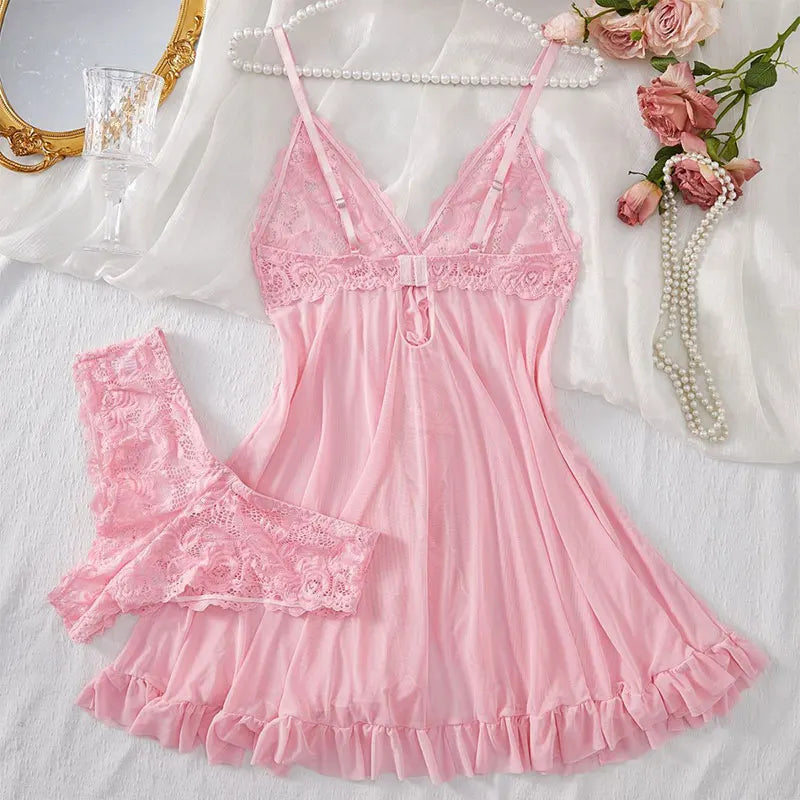 2 Pcs Set Sexy Lingerie Set Women Deep V Slip Dress Thong Erotic Bra Panty Sets Lace Nightdress Transparent Soft Nightgown luvshop24