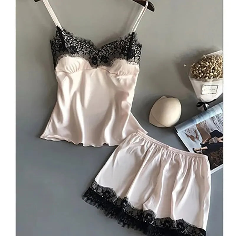 Women Pajama Suit Fashion V-Neck Stretch Satin Babydoll Lace Sexy Lingerie Bowknot Pyjamas Sleep Shorts Set Sleepwear New luvshop24