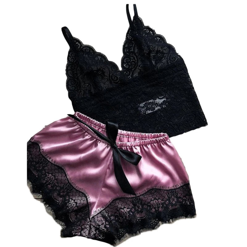 1 Pajamas Set Womens Lace Sleepwear Lingerie Crop Tops And Shorts Babydoll Pajamas Underwear Nightwear luvshop24