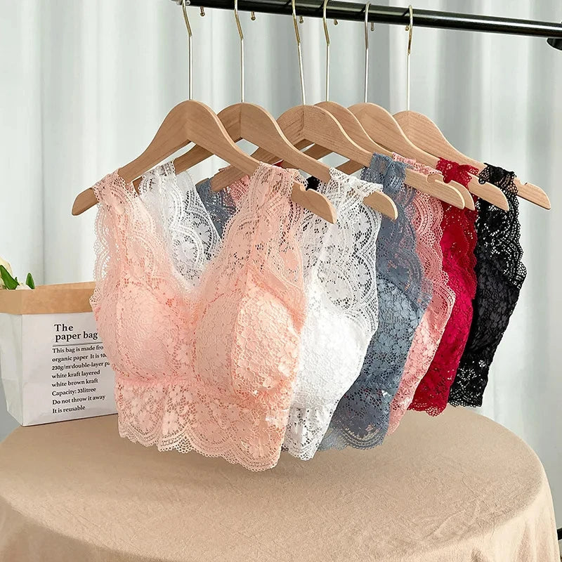 Lace Bras Top Women Deep V Neck Sexy Lingerie Wire Free Bra Tank Tops Female Underwear V Back Bralette Padded Camisole luvshop24