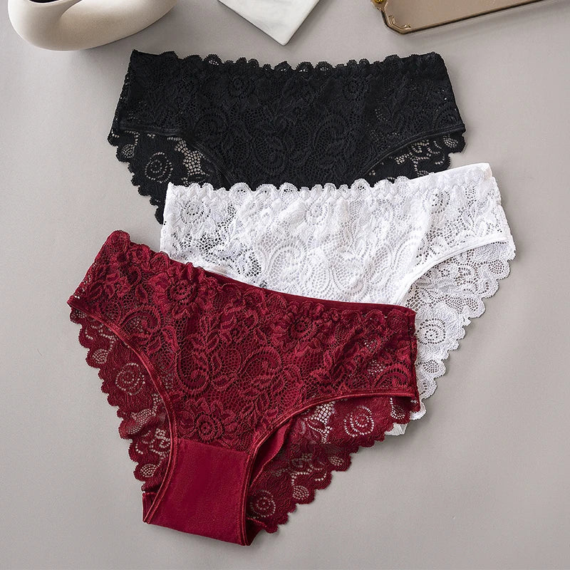3PCS/Set Luxury Floral Embroidery Lace Panties Women Briefs Sexy Hollow Lingerie Female Underwear Ladies Breathable Underpants luvshop24
