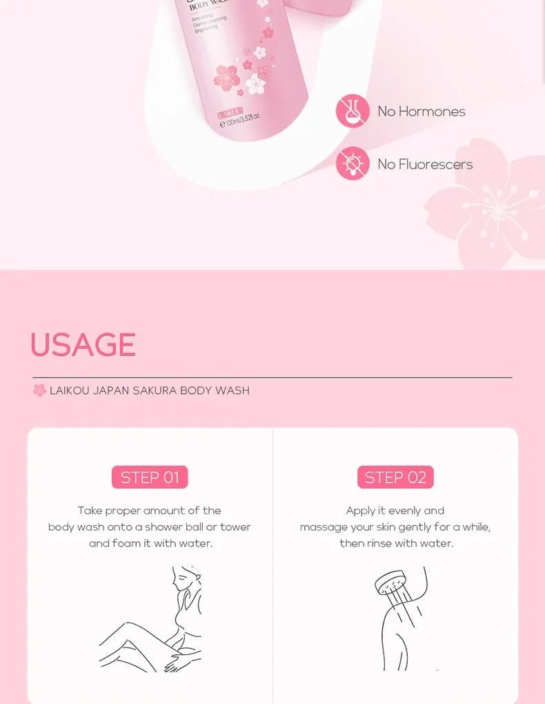 LAIKOU Sakura Shower Gel Long Moisturizing Smooth Long Lasting Fragrance Gentle Foam Body Cleansing Bath Product 100ml luvshop24