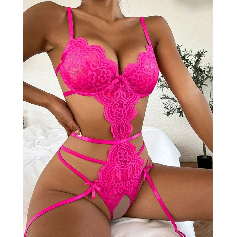Erotic Lingerie for Women Lace Transparent Bra Set Sexy Costumes Deep V Open Crotch Bodysuit Female Underwear Lingerie Sexy luvshop24