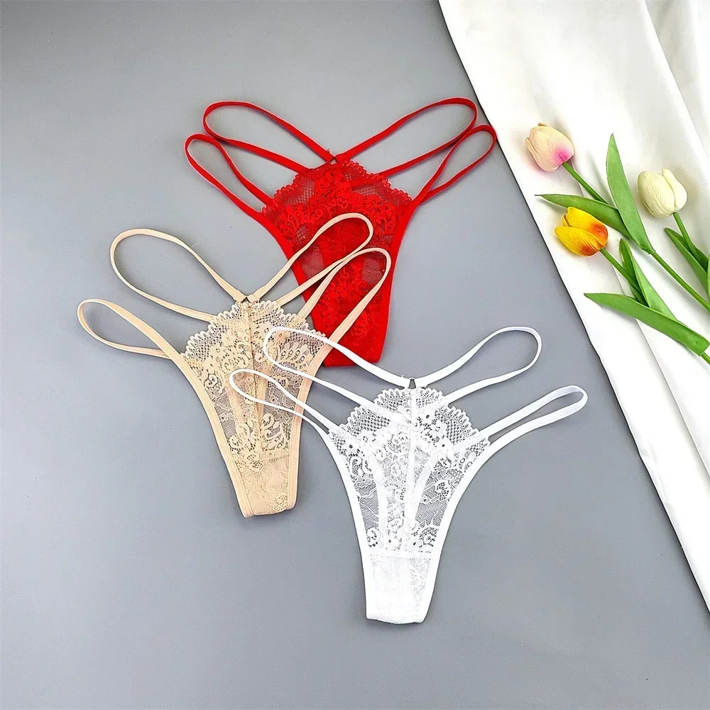 3 Pcs Lace Thin Strap Thong Women Low Waist Sexy Perspective Underwear Ladies Transparent G-string Panty Plus Size T-back luvshop24