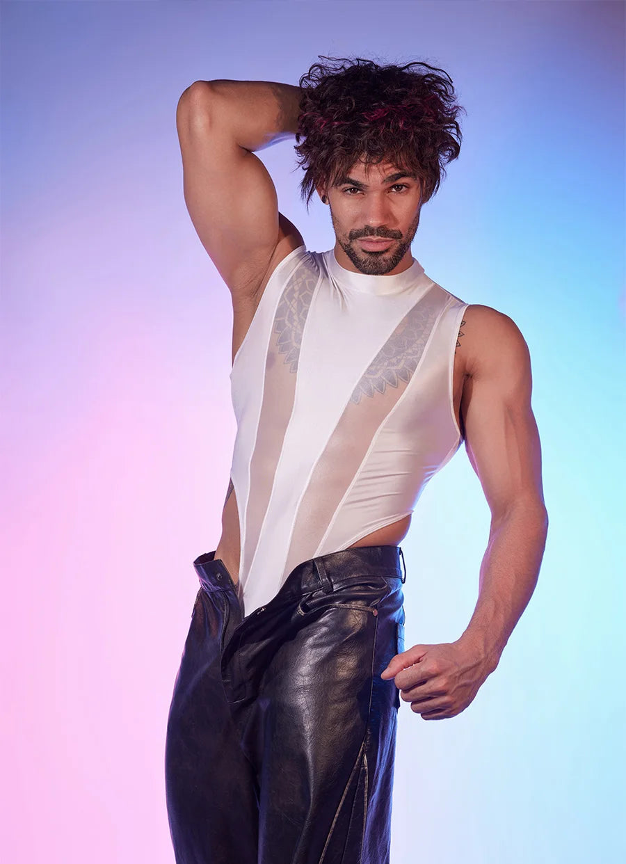 Hot Sexy Men's Bodysuits Mesh Patchwork Shiny Transparen Short Sleeve Male Rompers High Cut Leotard Gay Open Crotch Jumpsuits luvshop24